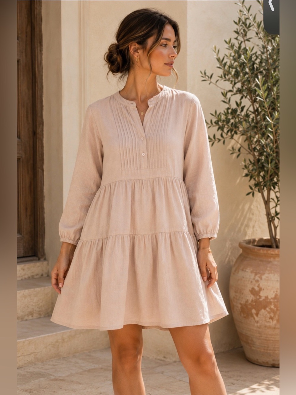 Bindu Blush Cotton Linen Tiered Babydoll Dress Size Small